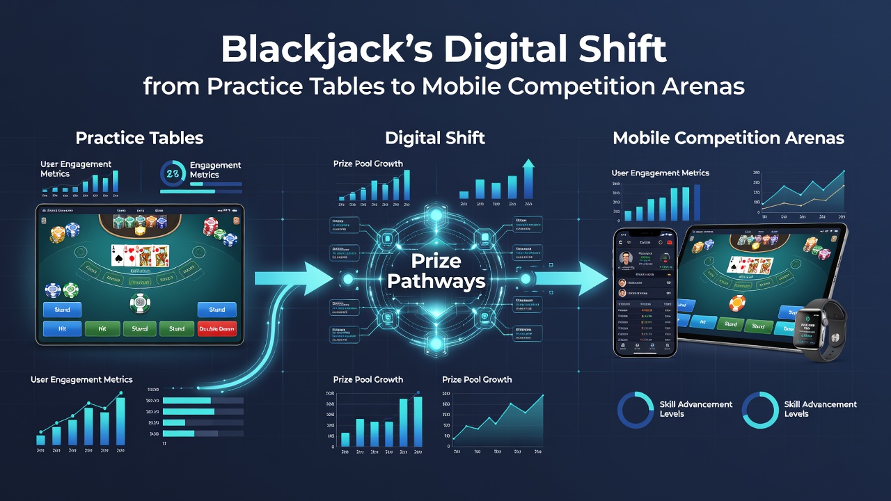 Darstellung mobiler Blackjack-Apps mit integrierten Bankoptionen und Turnier-Preispfaden