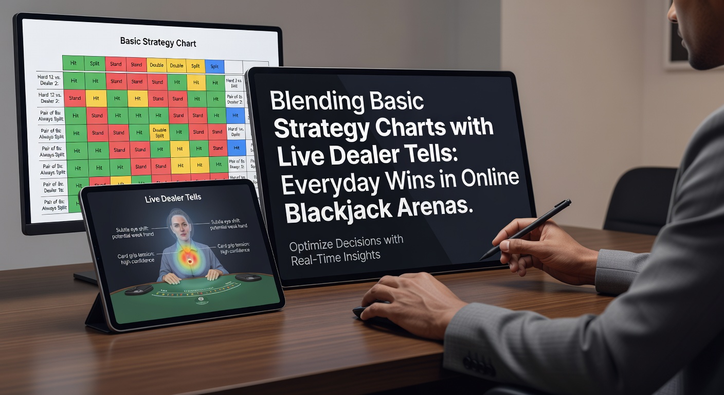 Nahaufnahme eines Live-Dealers, der Karten mischt, neben einer digitalen Basic-Strategy-Tabelle auf einem Split-Screen