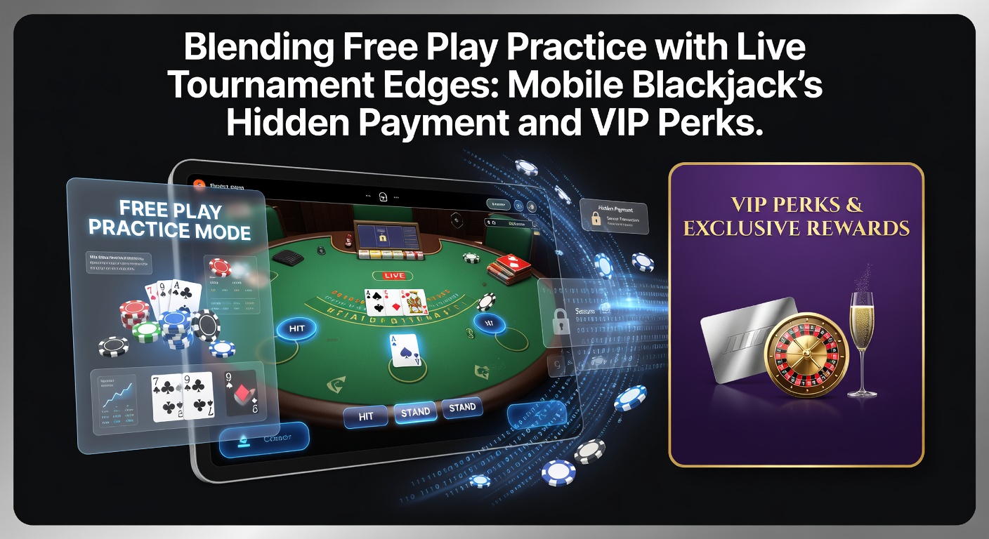 Smartphone mit Blackjack-App im Freispiel-Modus, das in ein Live-Turnier übergeht, mit Zahlungssymbolen und VIP-Sterne im Hintergrund