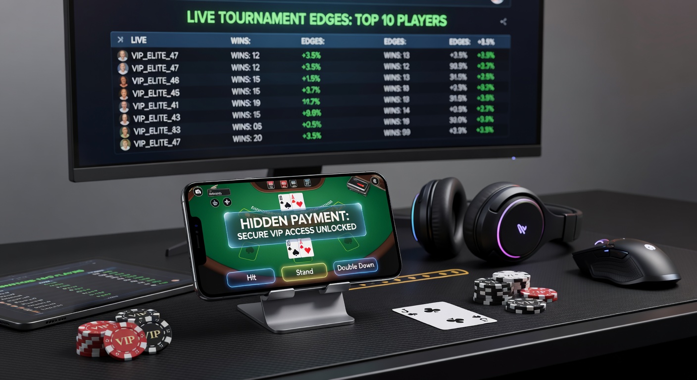 Grafik mit versteckten Zahlungsmethoden wie Krypto-Wallets und VIP-Stufenleiter auf einem Blackjack-Tisch in einer Mobile-App