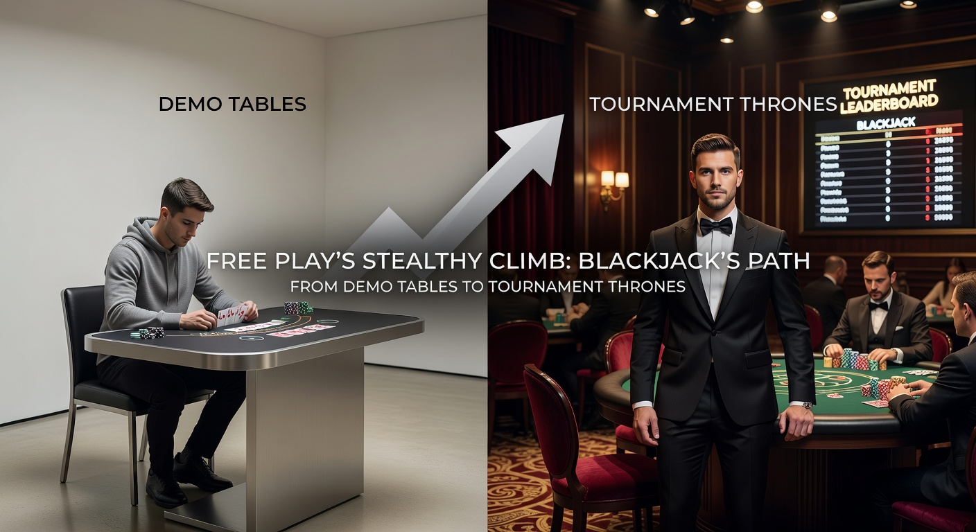 Ein intensives Blackjack-Turnierfinale mit jubelnden Spielern am Tisch, das den Triumph vom Demo-Training zum Thron zeigt